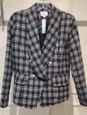 NWT Black & White Plaid Double-Breasted Tweed Blazer Gold Accents Size Medium